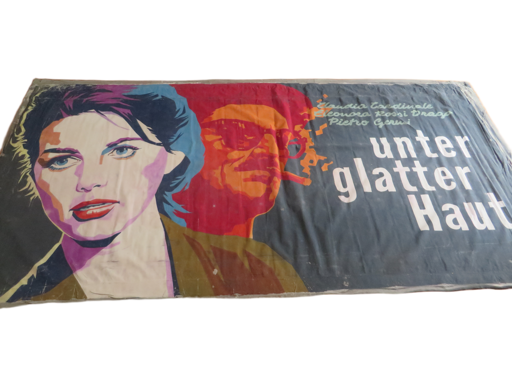Uniek Monumentaal Bioscoopdoek (4.80x2.50m) – Handgeschilderd Canvas "Unter glatter Haut" (1965) met Claudia Cardinale - Gecertificeerd Kino FVP