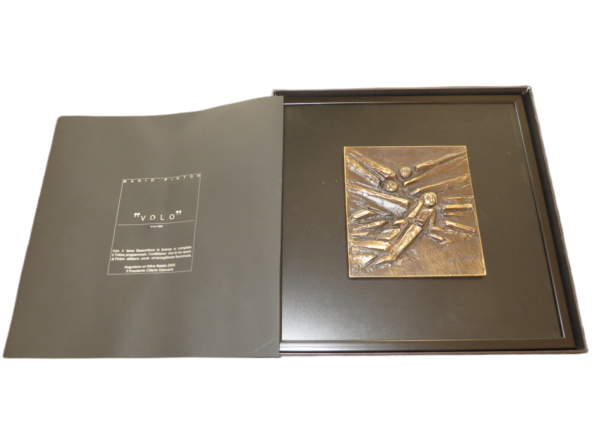 Origineel Bronzen Reliëf "Il Volo" – Mario Pinton (1968) in Luxe Presentatiedoos