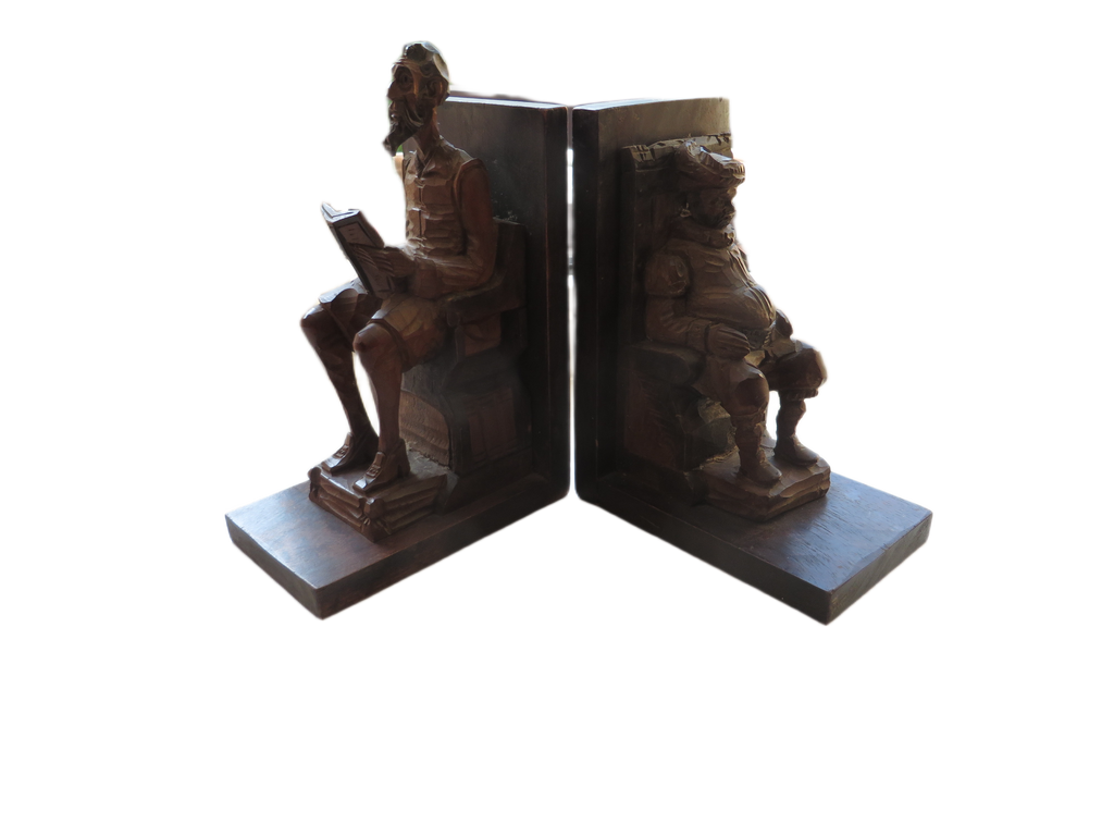 Vintage Houten Boekensteunen: Don Quichot & Sancho Panza