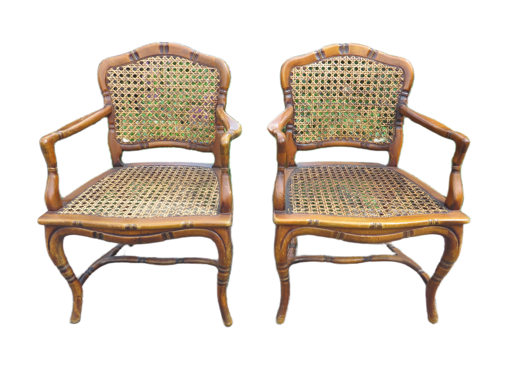 Set van 2 vintage Hollywood Regency armstoelen – Faux Bamboo & Rotan
